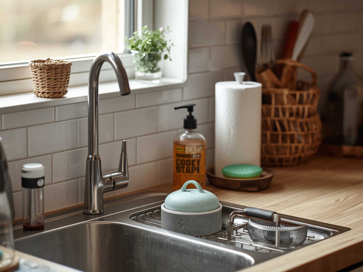 Clean kitchen sink setup with dish soap and strainer for simple drain maintenance